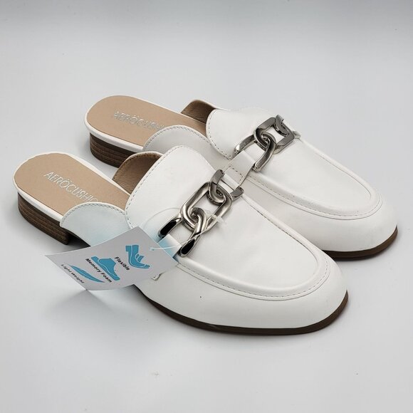 Womens Aerocushion White Slip-On Loafers With Silver Chain Detail & Low Heel - Picture 4 of 12